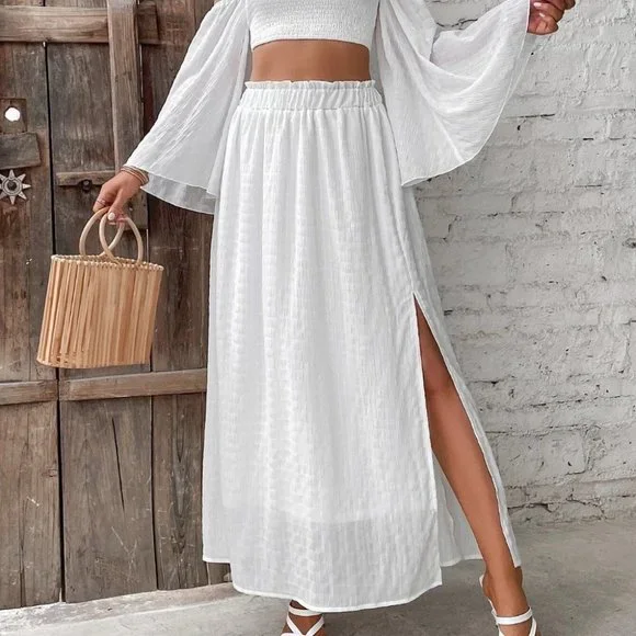 White Preppy Womens Off Shoulder Shirred Crop Top & Frill Trim Split Thigh Skirt - Picture 5 of 5